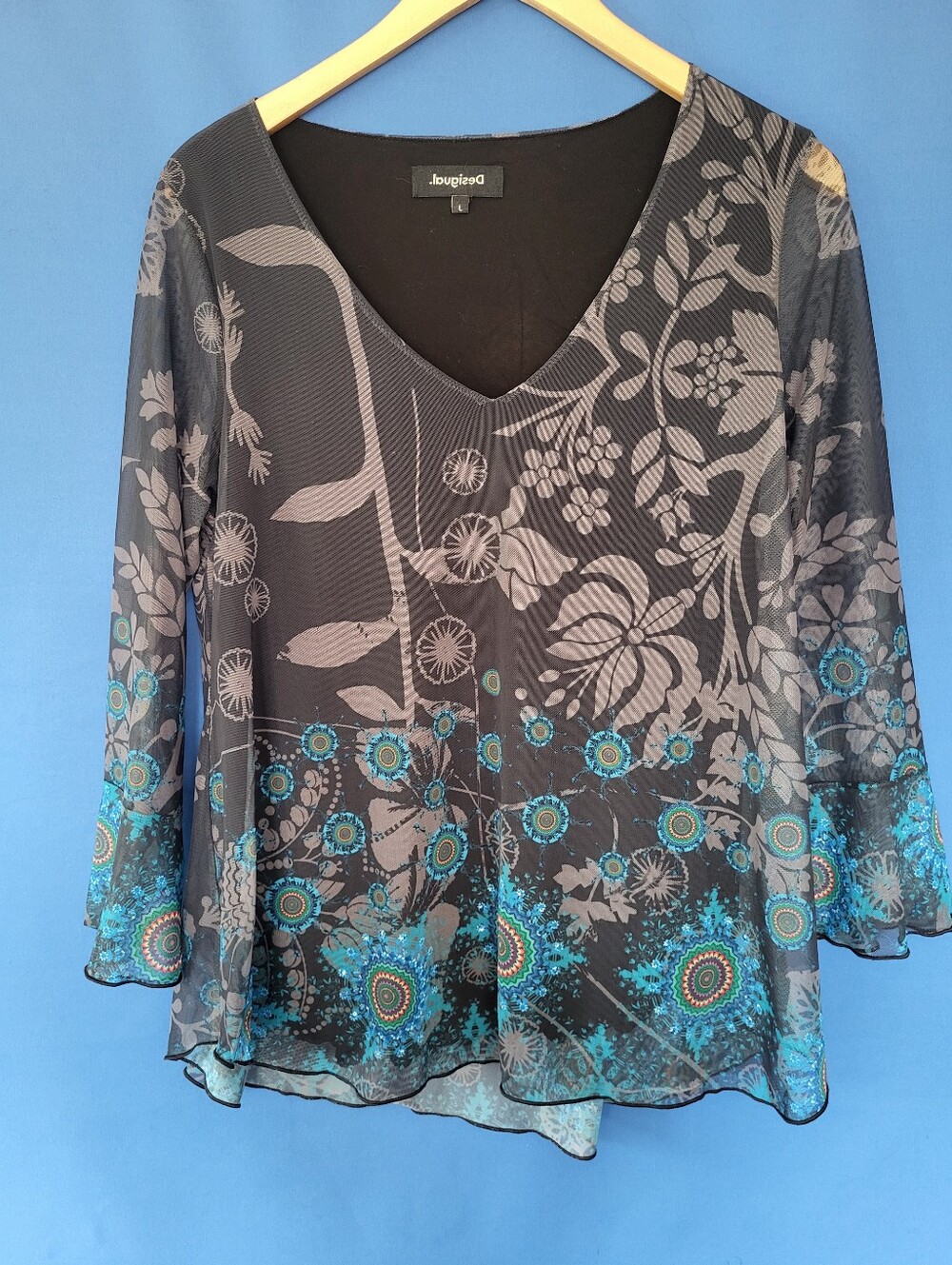 Desigual Large ( fits med) Floral Mesh Top Blue Boho Rhinestone Details V Neck
